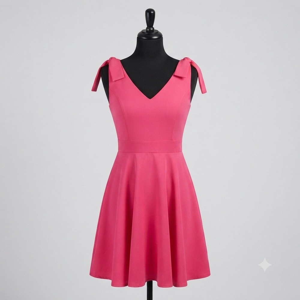 Pink Fit and Flare Mini Dress V-Neck Tie Shoulder Skater Party Dress Women XL
